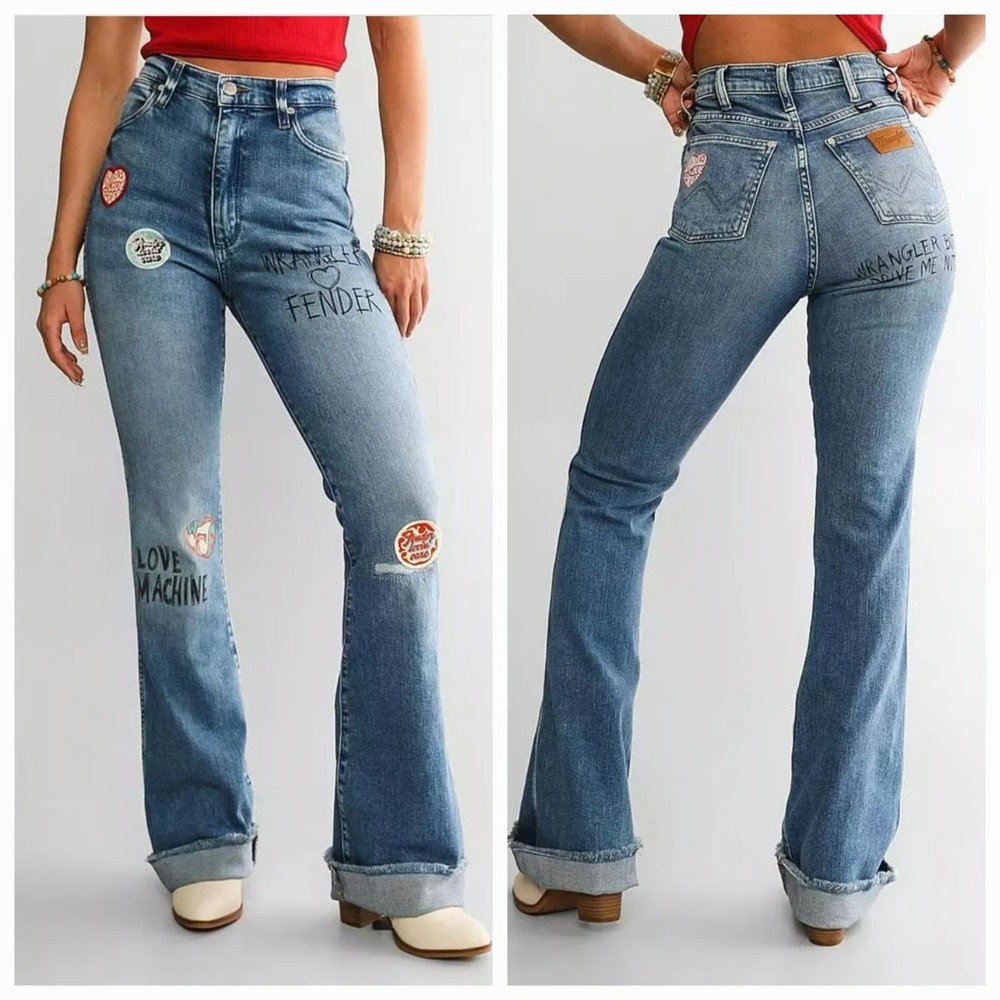 Wrangler x Fender Jeans Women 24 Bootcut High Rise Westward 626 Distressed‎ Blue